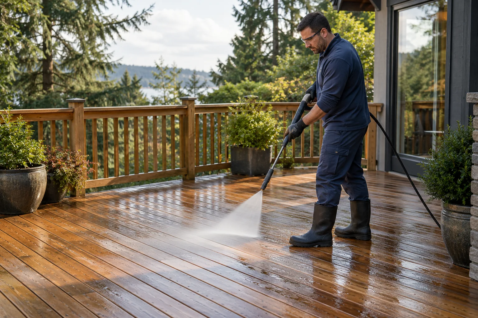 Technician gently cleaning cedar deck boards with a wide fan spray